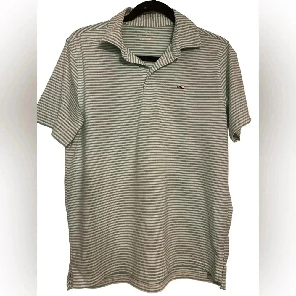 Vineyard Vines boys button shirt. Green/white dry fit material Boys XL